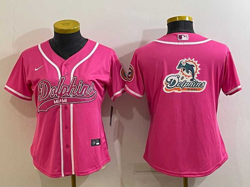 Womens Miami Dolphins Pink Team Big Logo With Patch Cool Base Stitched Baseball Jersey